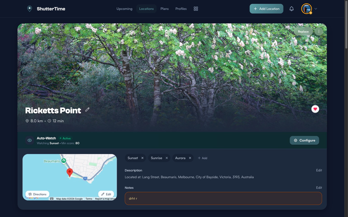 Ricketts Point location page showing the map pin, attached Sunset, Sunrise, and Aurora profiles, and condition tabs