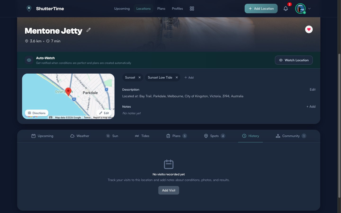 History tab showing no visits recorded yet with an Add Visit button