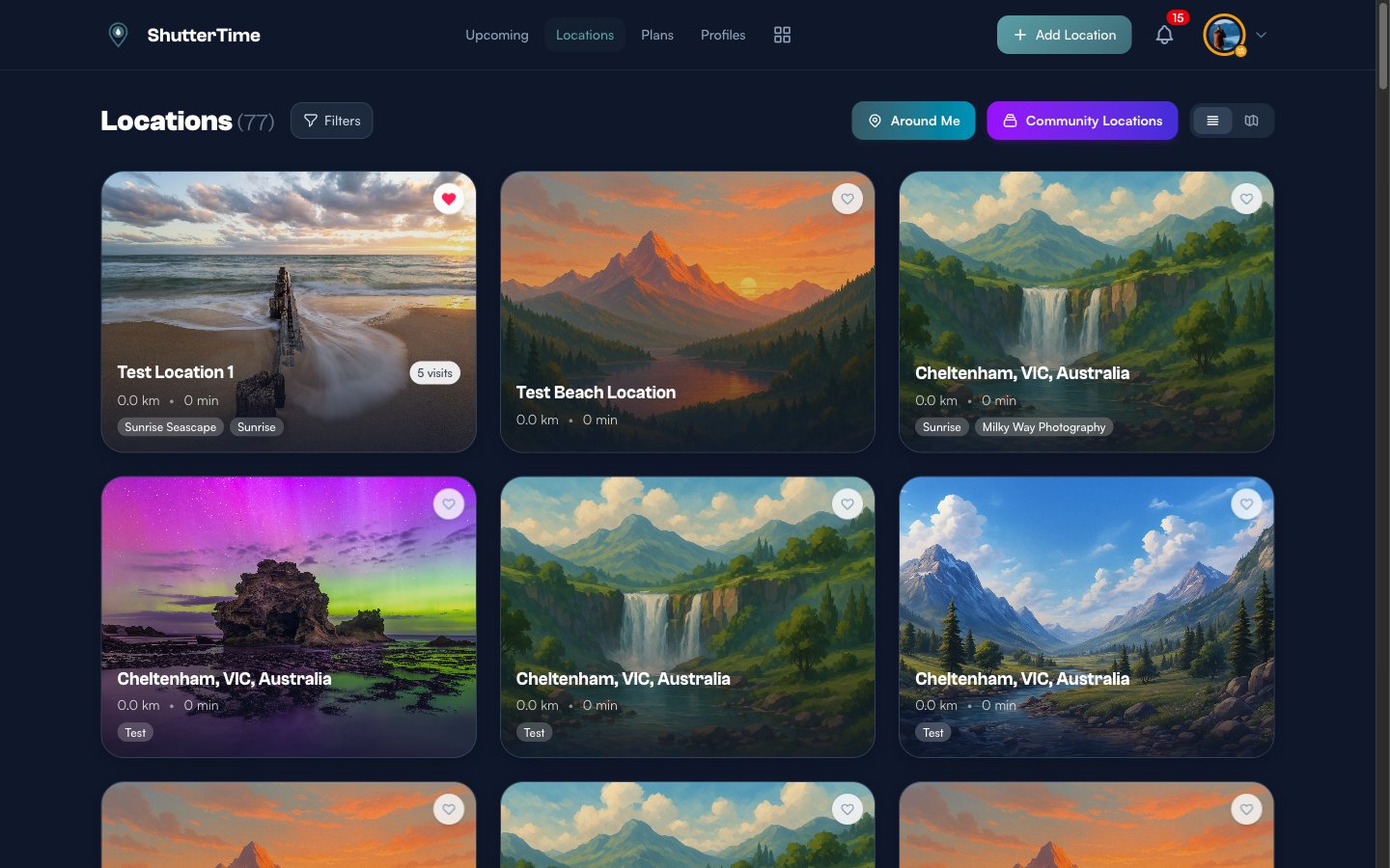 The Locations page showing location cards with heart icons in the top-right corner of each card, one location already favourited with a red filled heart