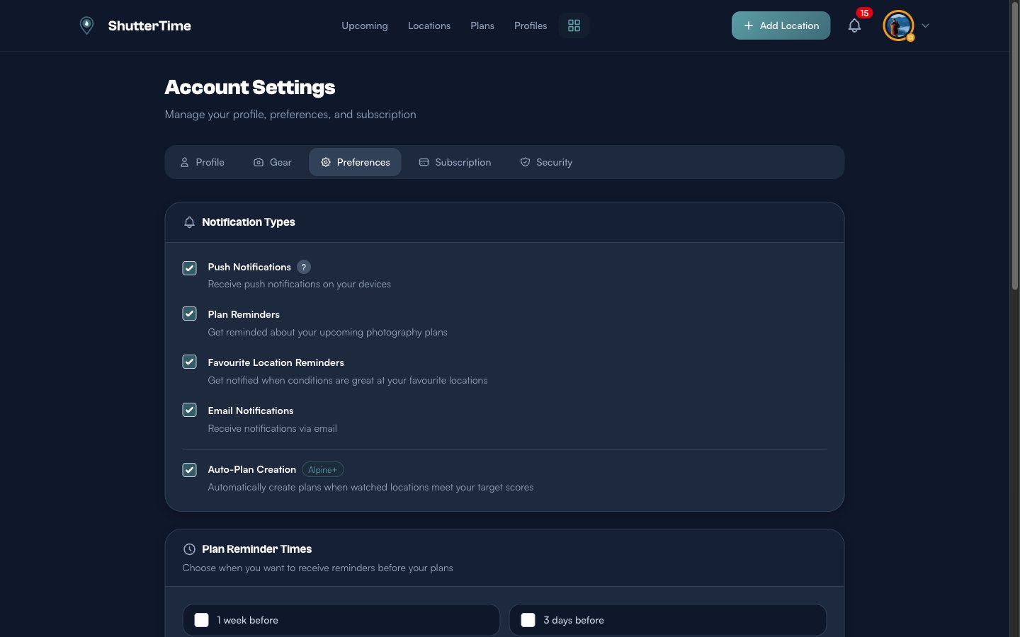 The Account Settings Preferences tab showing Notification Types with checkboxes for Push Notifications, Plan Reminders, Favourite Location Reminders, Email Notifications, and Auto-Plan Creation with an Alpine+ badge