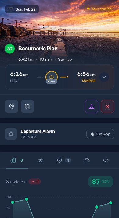 Plan detail page for Beaumaris Pier showing score of 87, departure alarm at 6:16 AM, and the sunrise photo