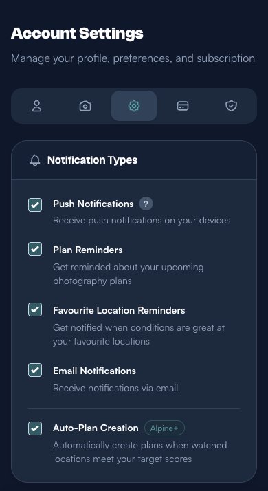 Notification preferences showing push notifications, plan reminders, favourite location reminders, and email notifications all enabled